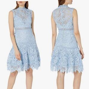 NWT Bardot Elise Lace Dress in Pastel Blue- preppy peek a boo plunging neck